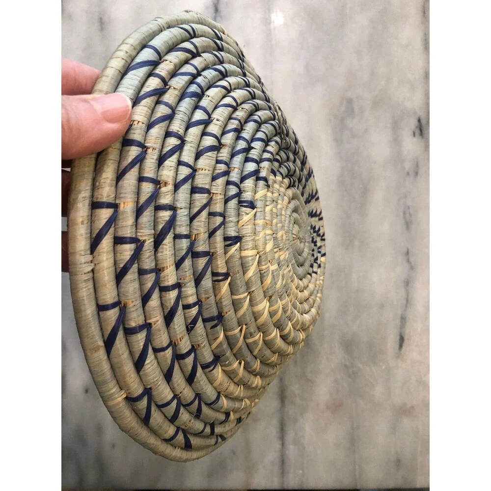 Handwoven Africa Basket Blue Coiled Bowl Wall Hanging - Boho Style